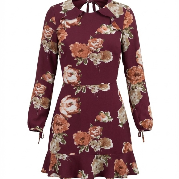 Love Ady Dresses & Skirts - Elegant Floral Cottagecore Keyhole Back Girly Flowy Midi Dress in Burgundy Small